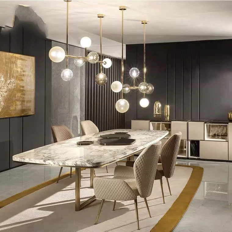 Wholesale price luxury design rectangular desktop marble dining room tables and chairs set home furniture