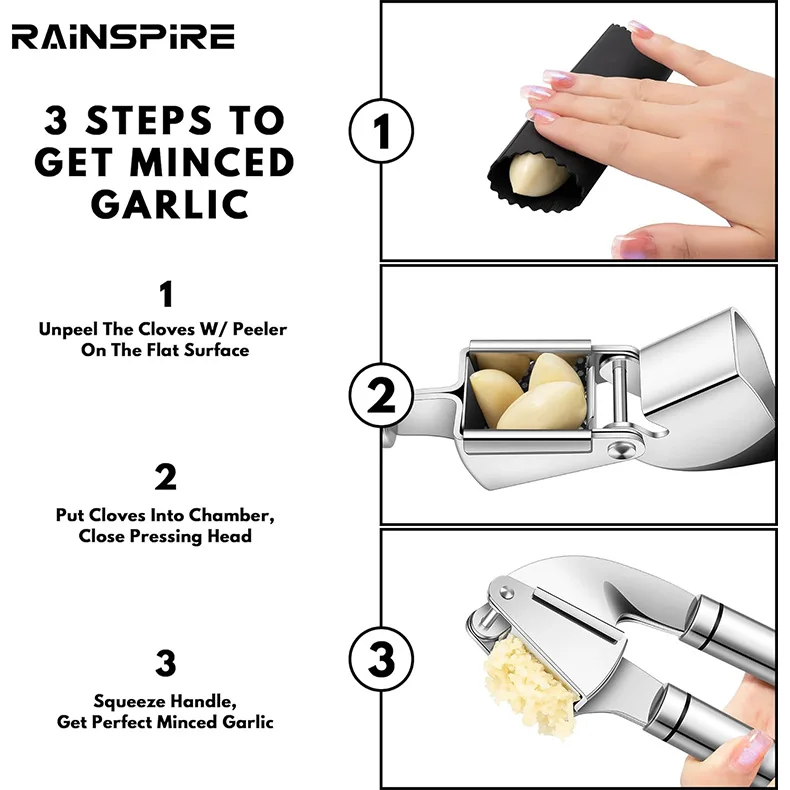 Premium Garlic Press Stainless Steel, Garlic Mincer Tool, Garlic Crusher Tool, Garlic Smasher Garlic Masher Includes Silicone Ga