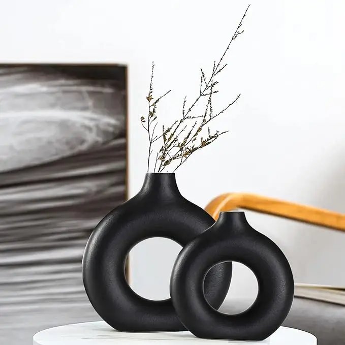 Donuts Ceramic Vase Round Hollow Plant Pot Home Decor Dried Flower Grass Art Desk Office Living Room Desktop Ornament Table