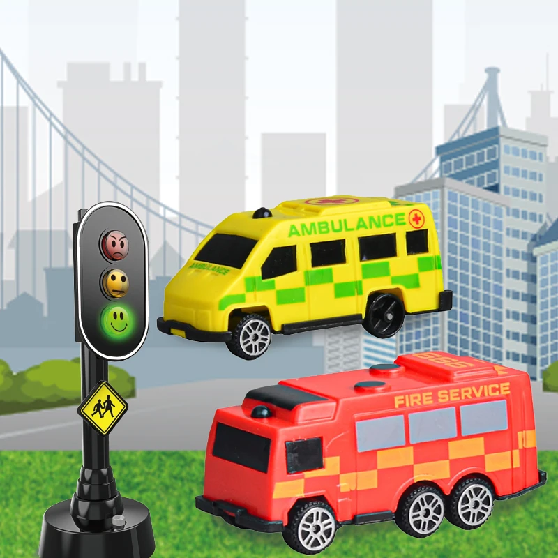 DIY Traffic Light Toy Set with Mini City Cars Educational Role Play Road Scene Toy with Road Play Mat Electric Traffic Light