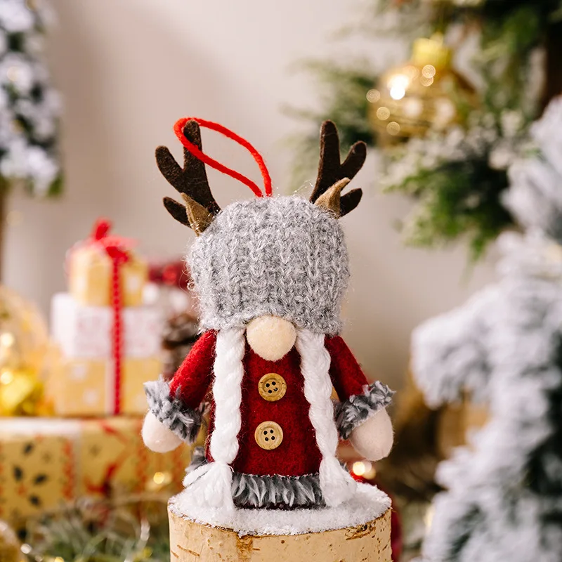 Christmas Tree Ornament Creative Cute Knitted Antler Hat Rudolph Doll With LED Light Hanging Gnomes Holiday Decoration Pendant