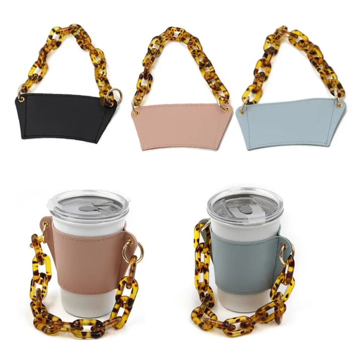 Reusable Coffee Cup Holder Leather Handle Cup Cover with Colorful Chain Portable Cup Sleeve with Amber Chain