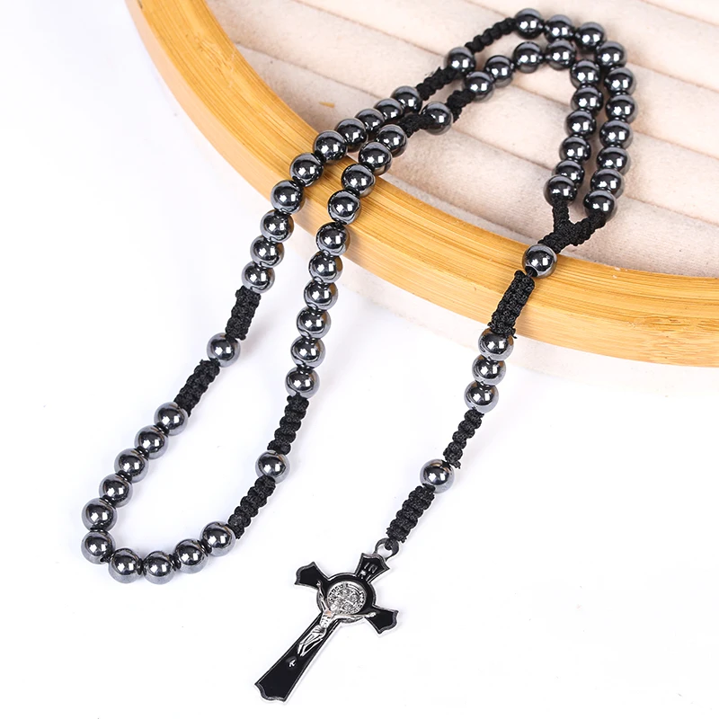 Wholesale Cross Catholic Rosary Hematite black rosary tasbeeh Muslim Islamic rosary beads jesus necklace Fashion jewelry