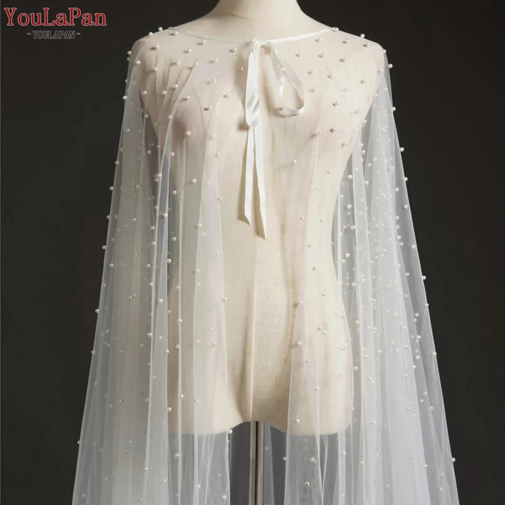 YouLaPan VG17 Hot Selling Bridal Wedding Dress Cape Long Pearl Soft Tulle Wrap Shawl Women Evening Party Dress Shoulder Cover