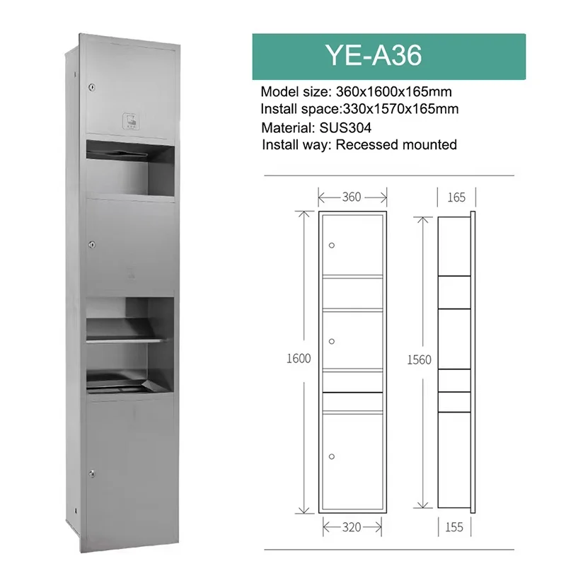 Stainless Steel Recessed Combination 3 in 1 Paper Towel Dispenser Waste Receptacle and Hand Dryer