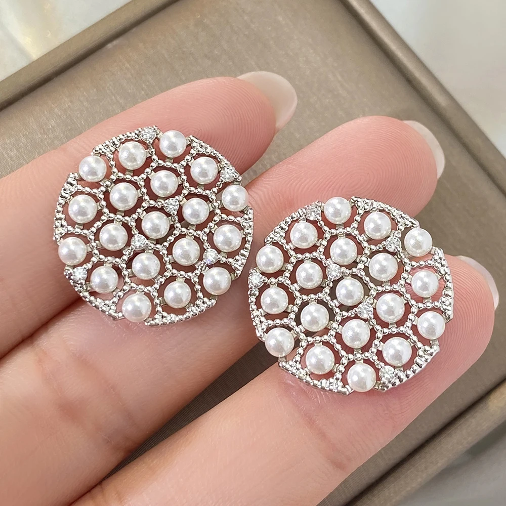 2024 новые модные ювелирные изделия круглой формы Белый позолоченный жемчуг циркон серьги-гвоздики