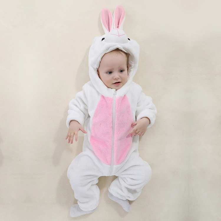 MICHLEY OEM Infant White Cute Rabbit Jumpsuits Flannel Girls Halloween Bunny Romper Baby Clothes