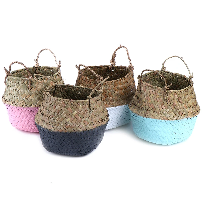 
Hot wholesale Handmade Cheap Bamboo Foldable Laundry Straw Patchwork Wicker Rattan Seagrass Belly Flower Planter Basket 