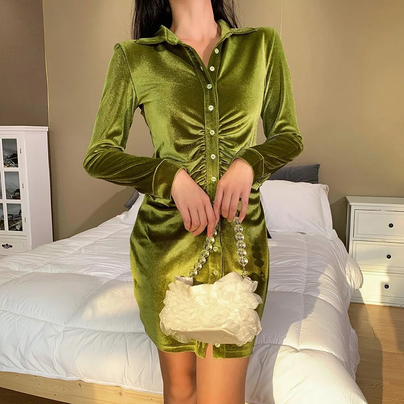 Solid Color New Korean Velvet Pleated Button Slim Sexy Elegant Midi Dress Women Autumn