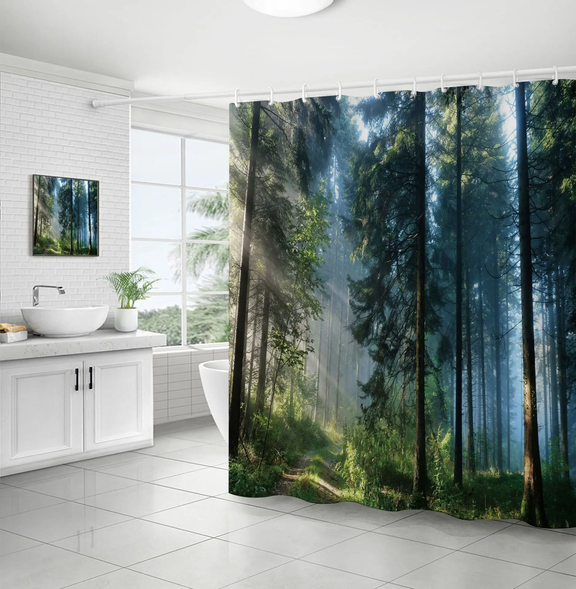 Polyester Waterproof Printing Mountain Misty Forest Tree Woodland Hooks Printed Shower Curtain For Bathroom