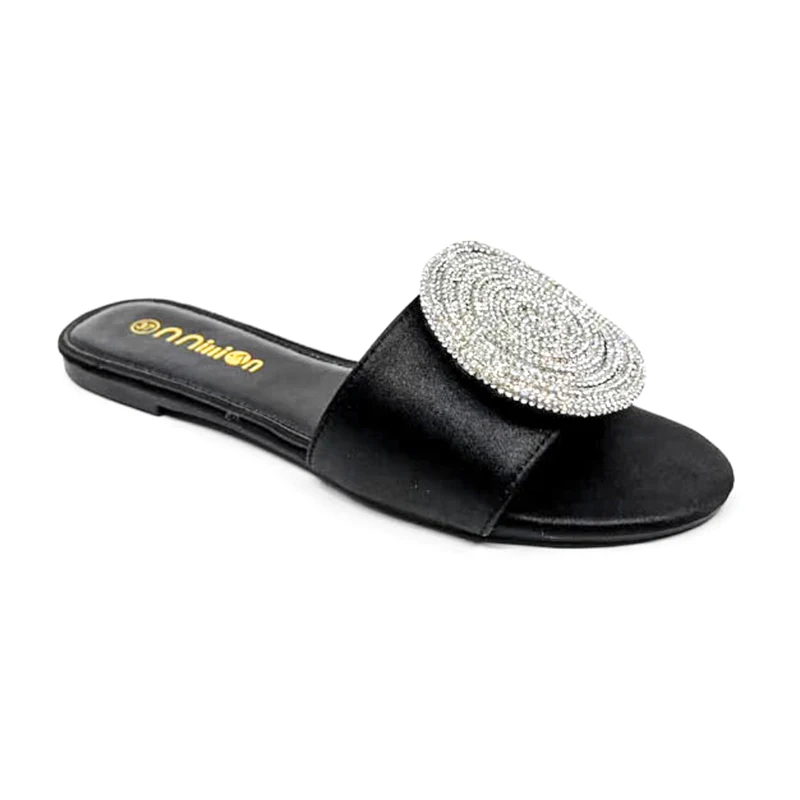 Fancy Wholesale Lady Shiny Slipper Footwear PU Leather Crystal Diamond For Summer Outdoor Women Flat Slide