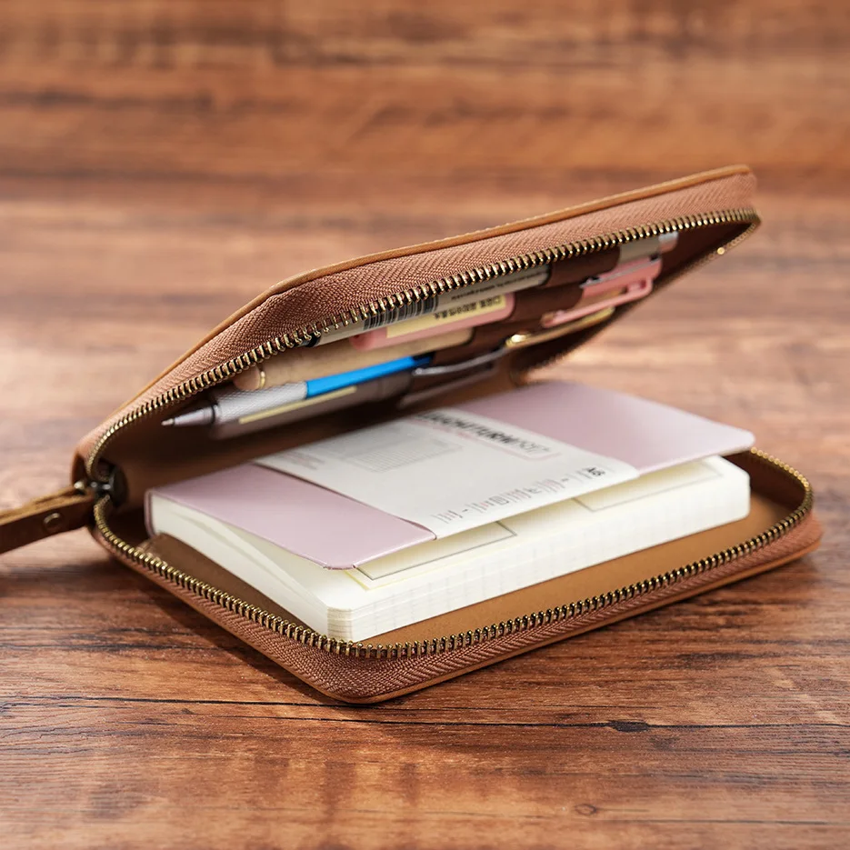 A6 Genuine Leather Notebook With Pen Holders Zipper Bag Journal Diary Writing Note book Laser Engrave Custom LOGO Promotion Gift