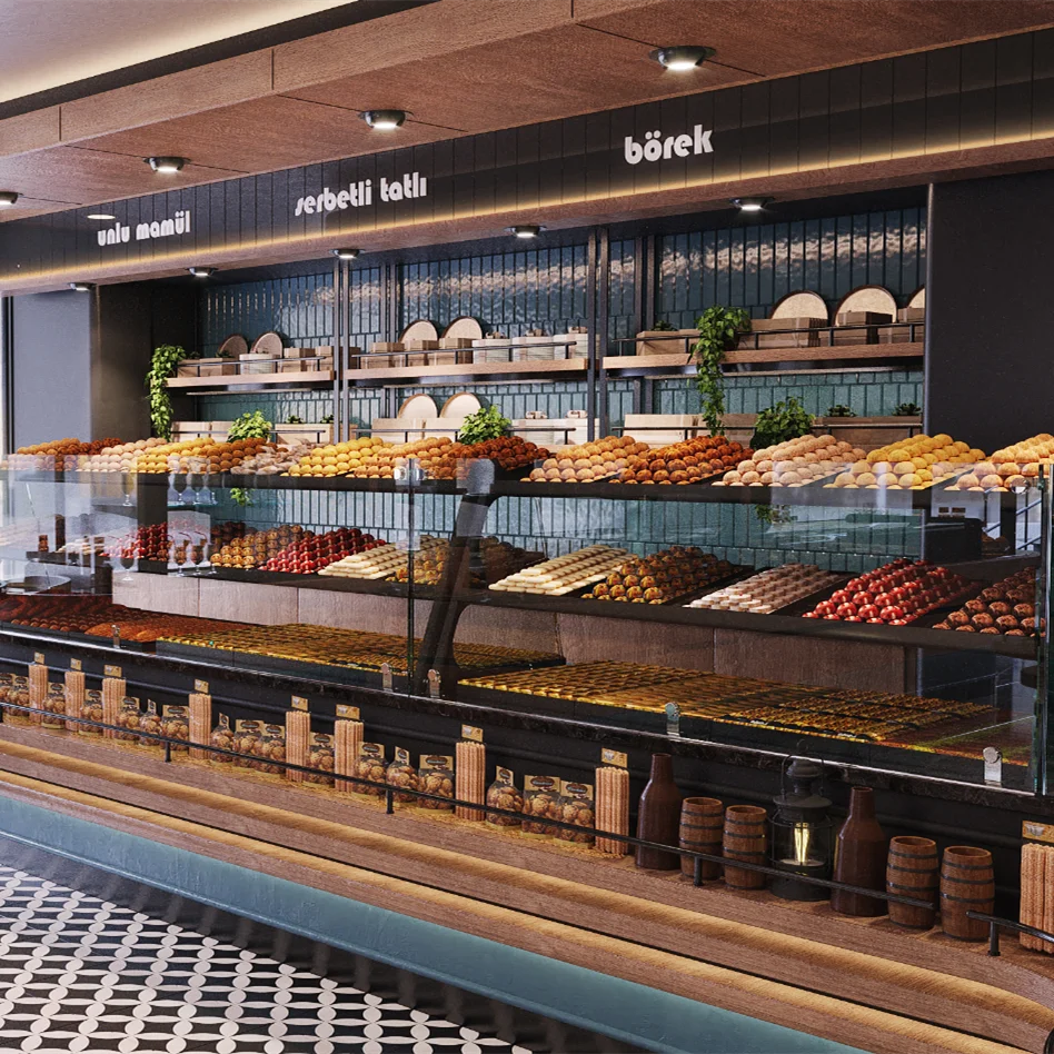 Прямо на заказ с завода выставочные полки для пекарни Деревянная лакированная стойка хлебобулочных магазинов витрина