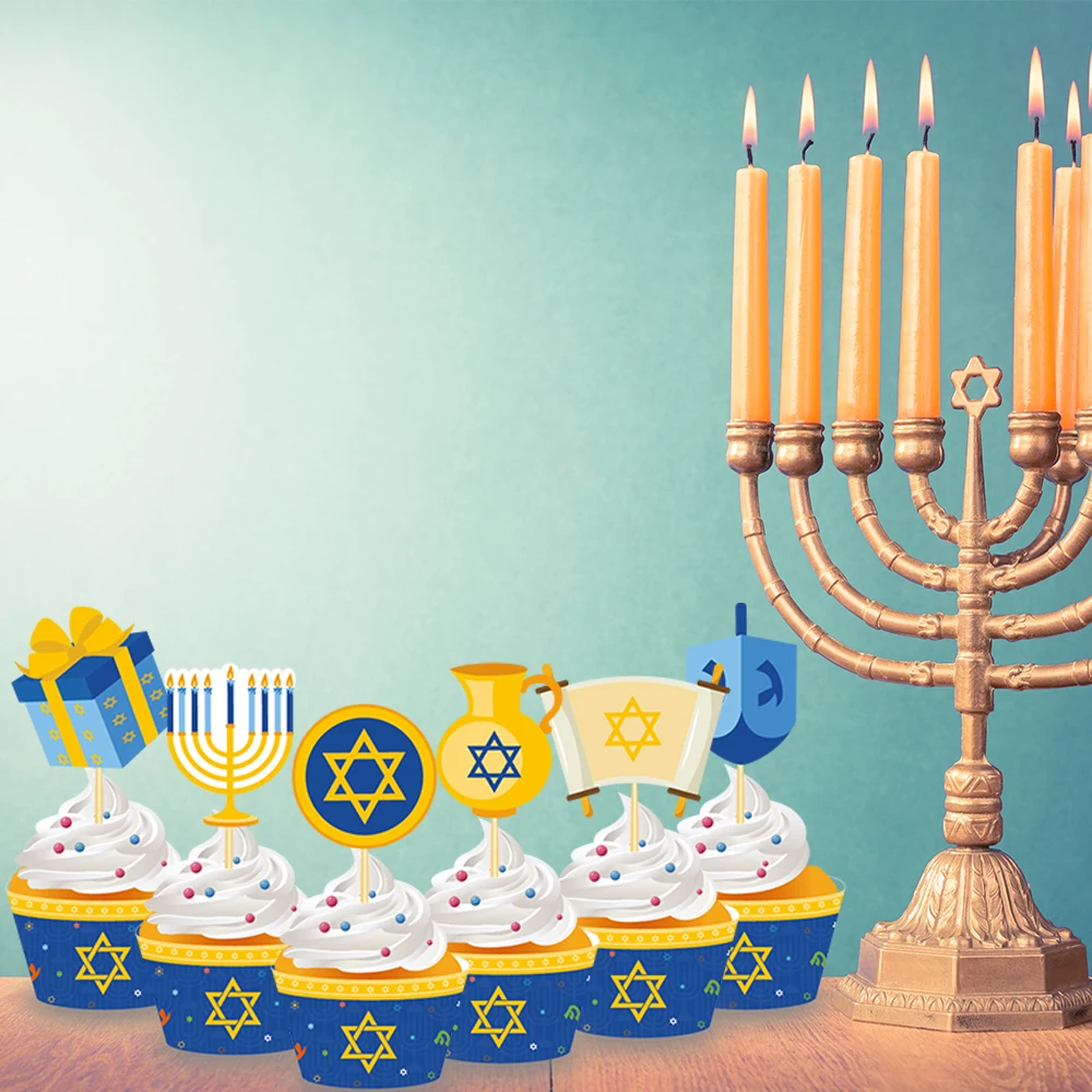 WB045 Hanukkah Theme Cupcake Toppers Wrappers 24 PCS Paper Cake Topper Kids Happy Hanukkah Decorations Party Supplies