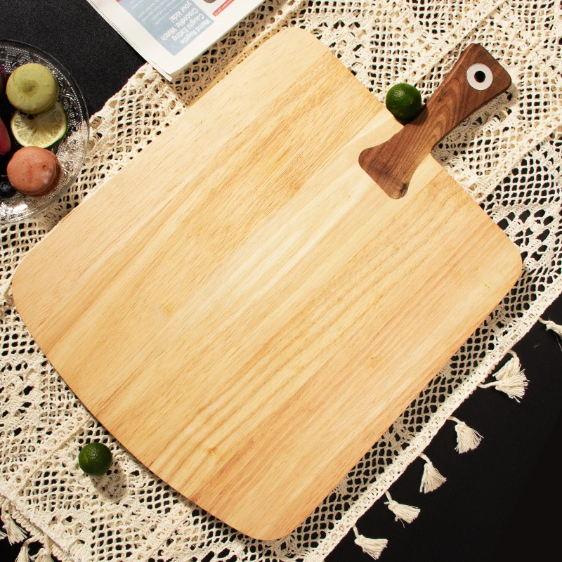 Natural Rubber Wood walnut wooden handle Chopping Board For Cheese Cutting Kitchen use Wood Steak Platter With Metal Hole