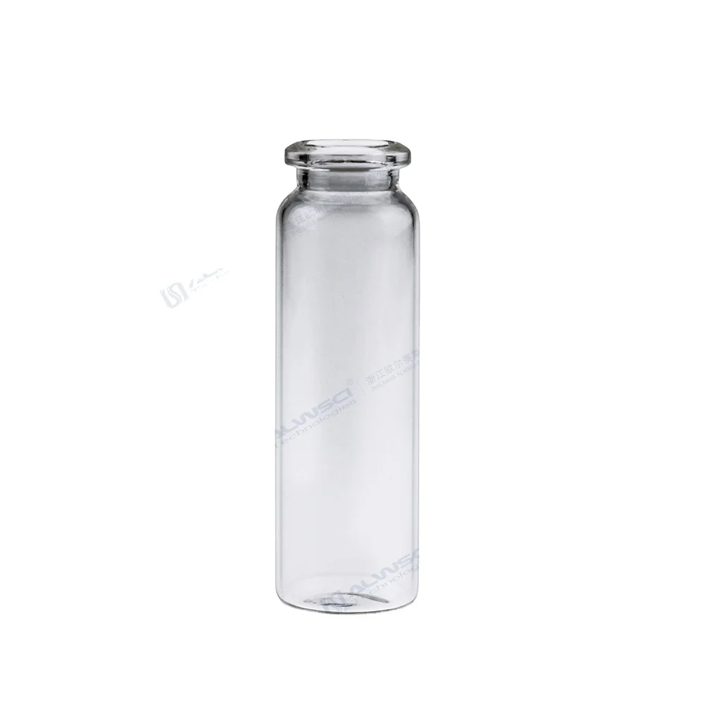20mL Clear Glass 22.5x75mm. 20mm Beveled Edge. Rounded-Flat Bottom. Crimp Headspace Vial. Short Neck