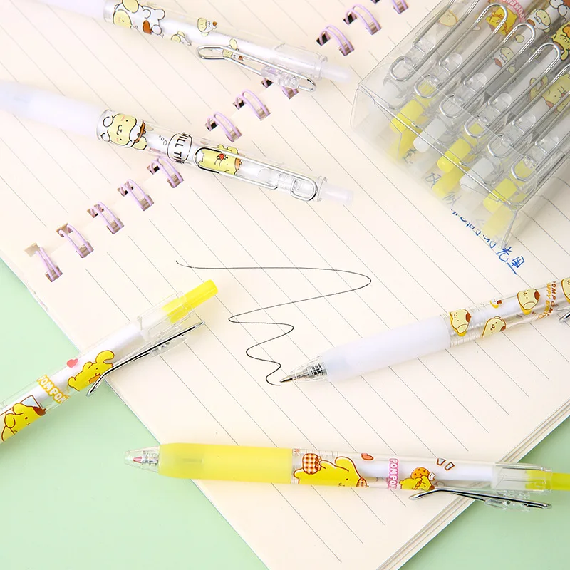 Wholesale 12pcs/box Kawaii Gel Pen Sanrioed pompompurin metal hook press pen cartoon shape signature student Black Pen