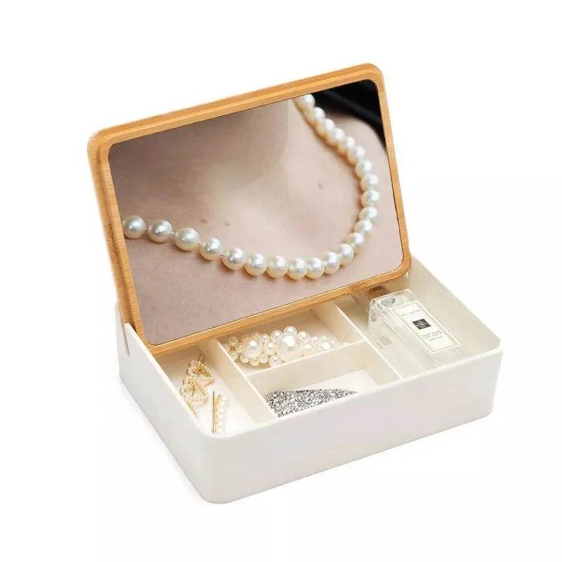 Modern luxury multi purpose pretty makeup case bamboo cosmetic box jewelry storage organizer with lid mirror for women beauty