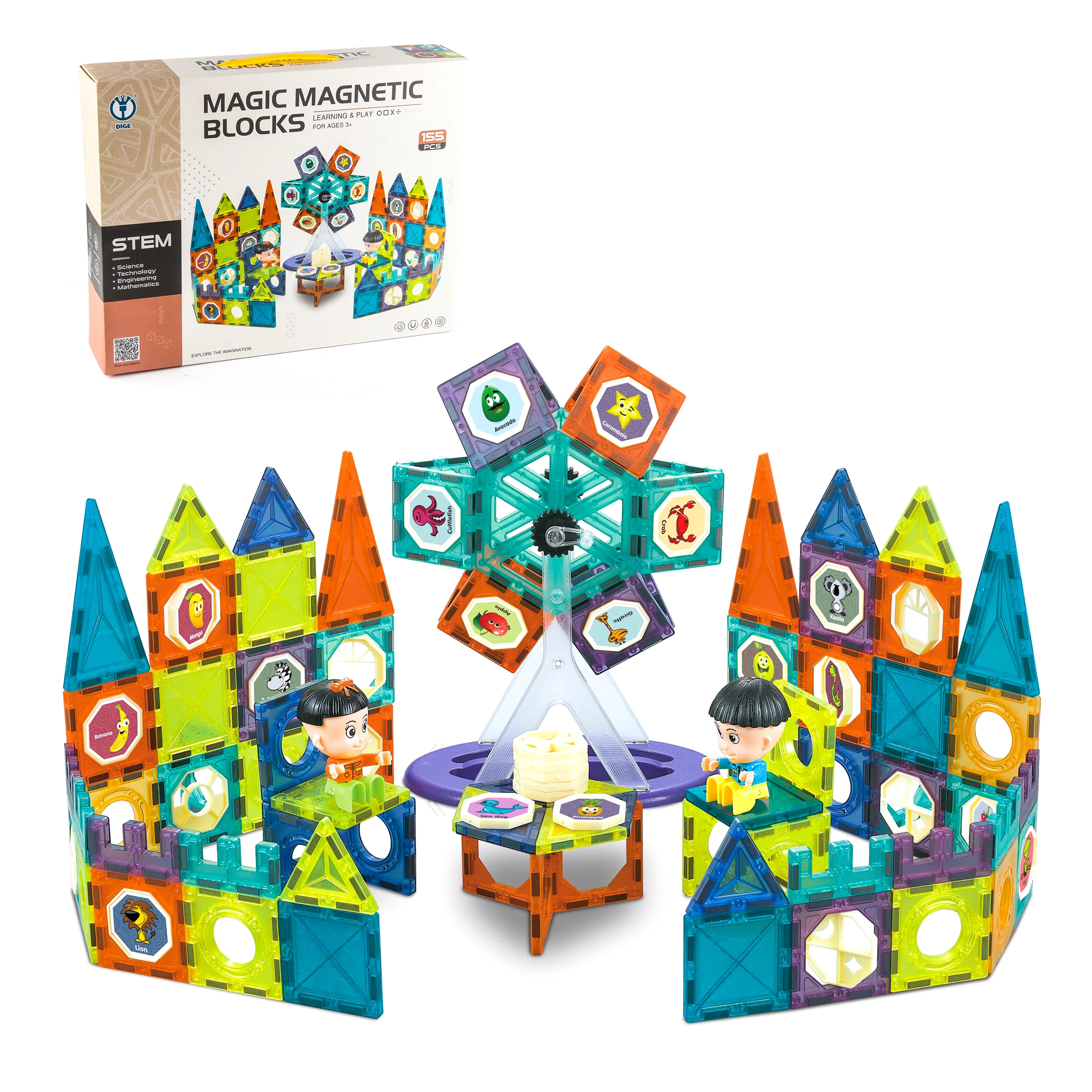 155 Pcs Clear Colors Set Mini DIY Track Magnetic Tiles Educational Magnet Building Blocks