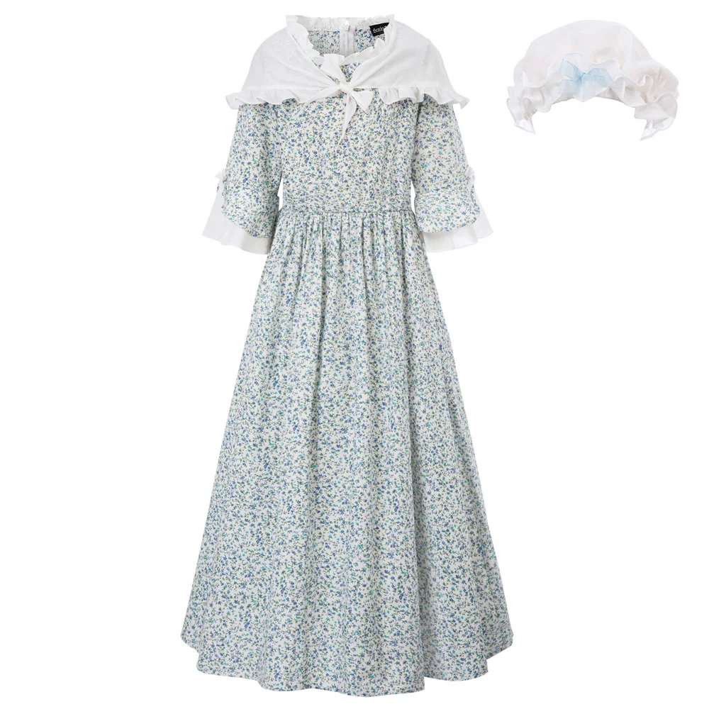 SLA02019 3pcs Set Cotton Dress+Shrug+Hat Children Kids Girls Colonial Costumes