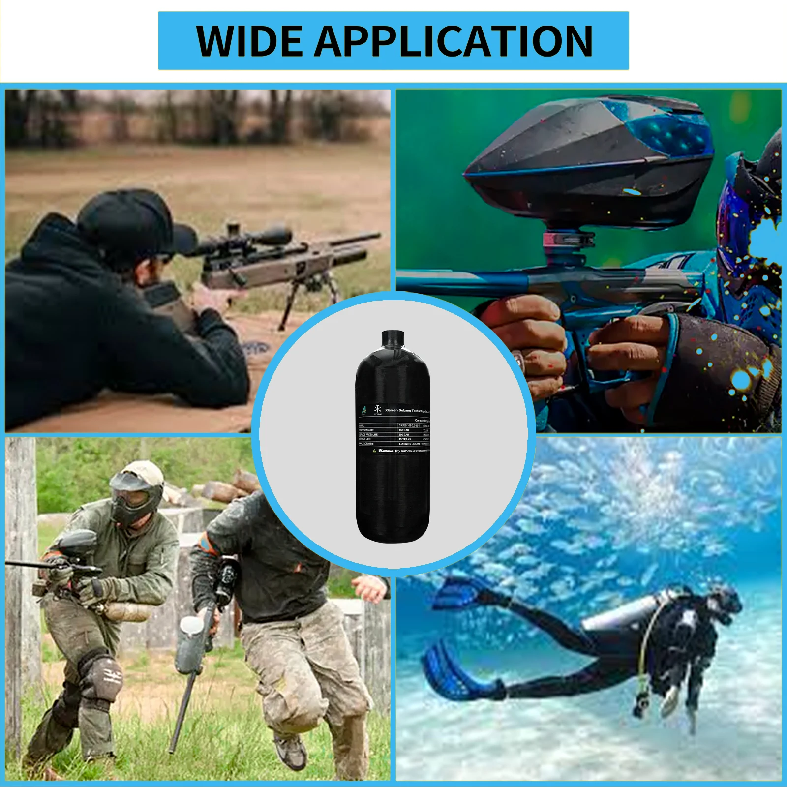 GP OEM ODM High Compressive Strength Hpa 4500psi 300bar 2L Paintball Scuba Diving CE Swimming Carbon Fiber Air Tank Gas Cylinder