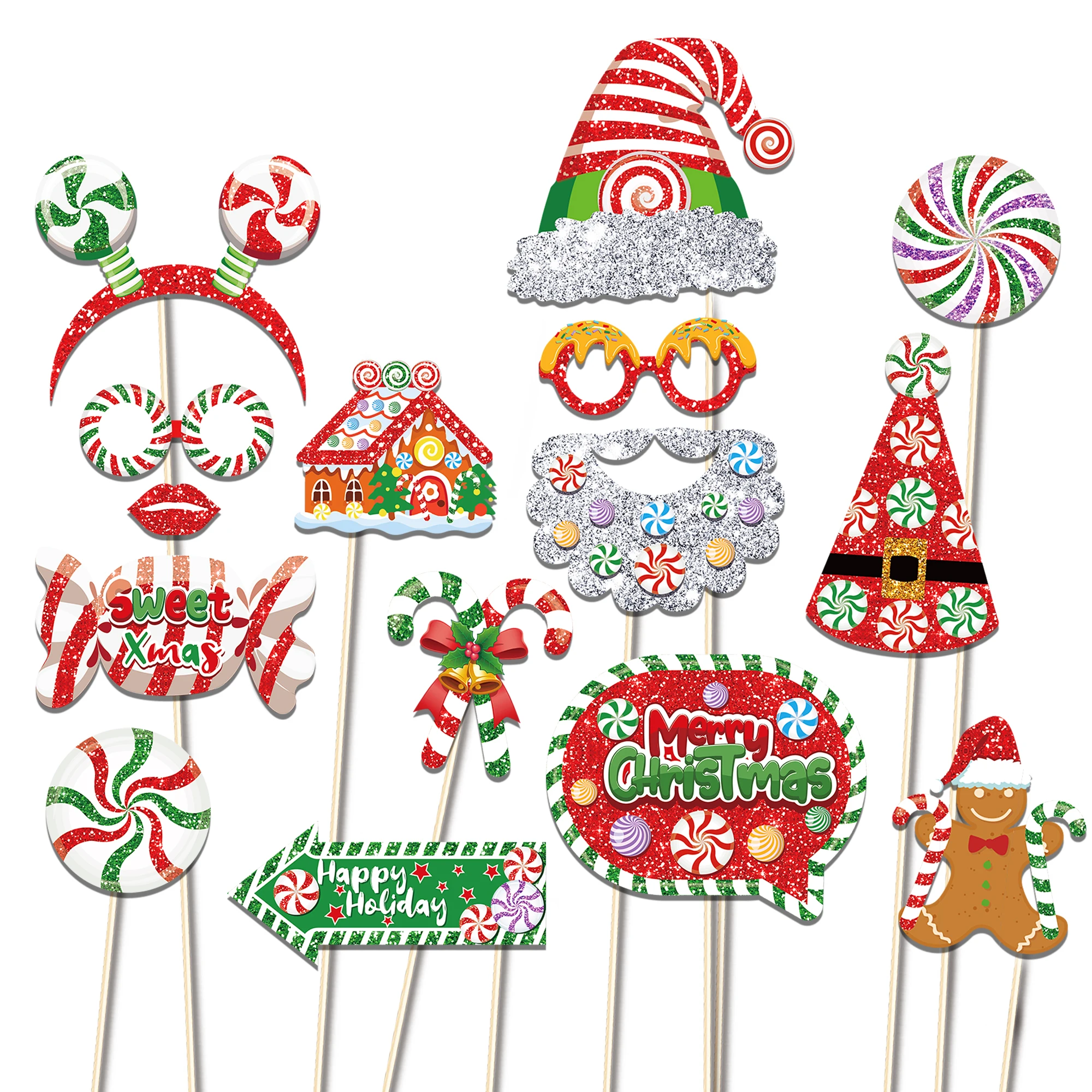 PZ293 Christmas Photo Booth Props Kit Snowman Flash Candy Photo Props Christmas Holiday Party Supplies