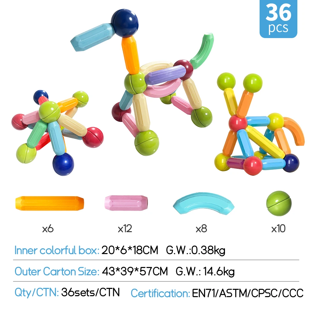 36PCS ABS 3D Magnet Balls and Rods DIY Building Block Set Educational Magnetic Sticks for Children Magnetic Rods and Balls