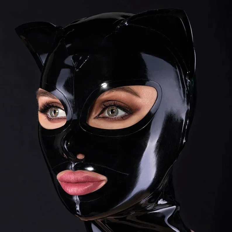 Black Red Color Sexy Latex Headgear Eye Mouth Open Rubber Mask Sex Party Sexy Latex Cat Mask for Women