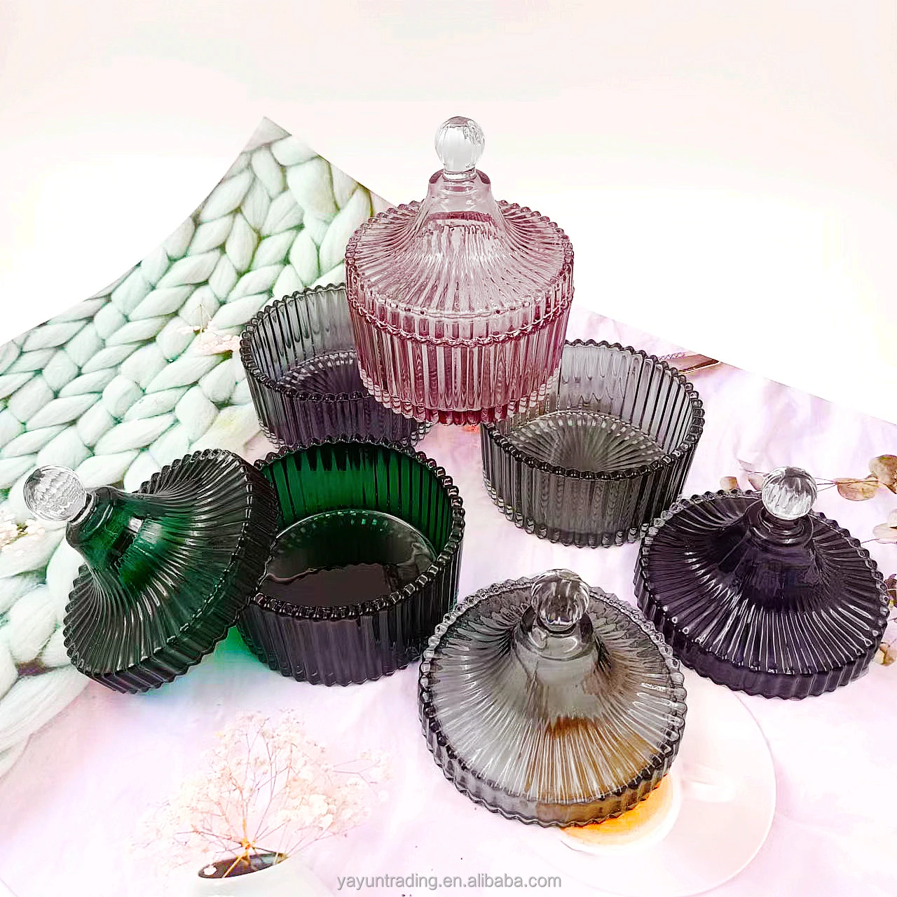 Luxury colorful candy jar candle container bowl dome shape with tower lids for home storage with gift box glass candle holder