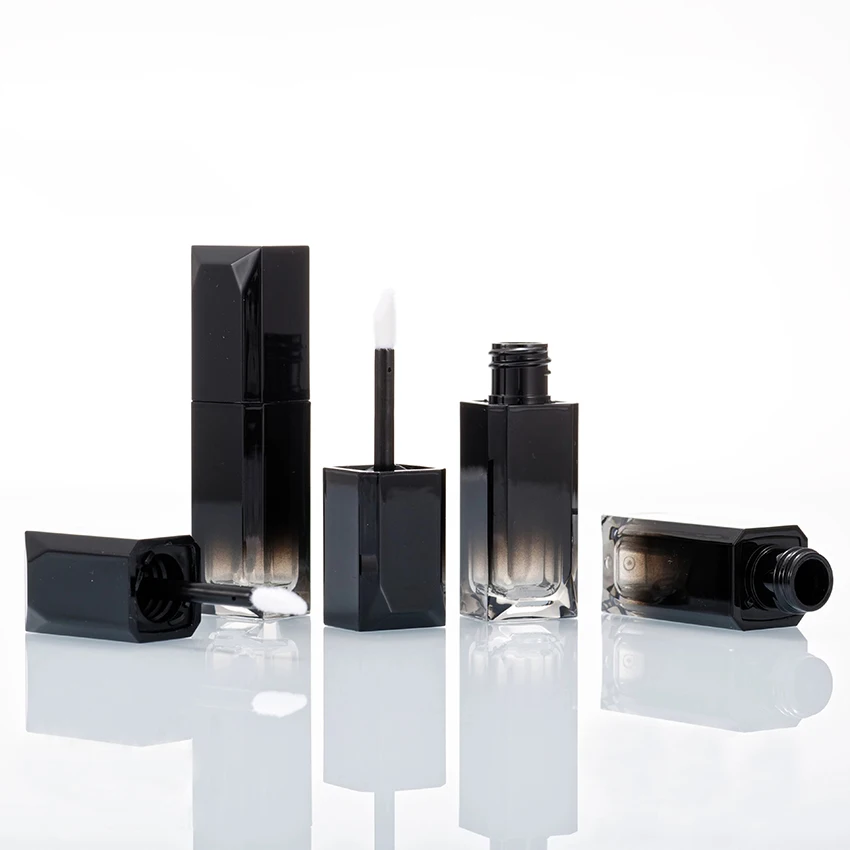 2021 Custom logo low moq empty square black top plastic gradient lip gloss containers tube 5 ml with brush applicator