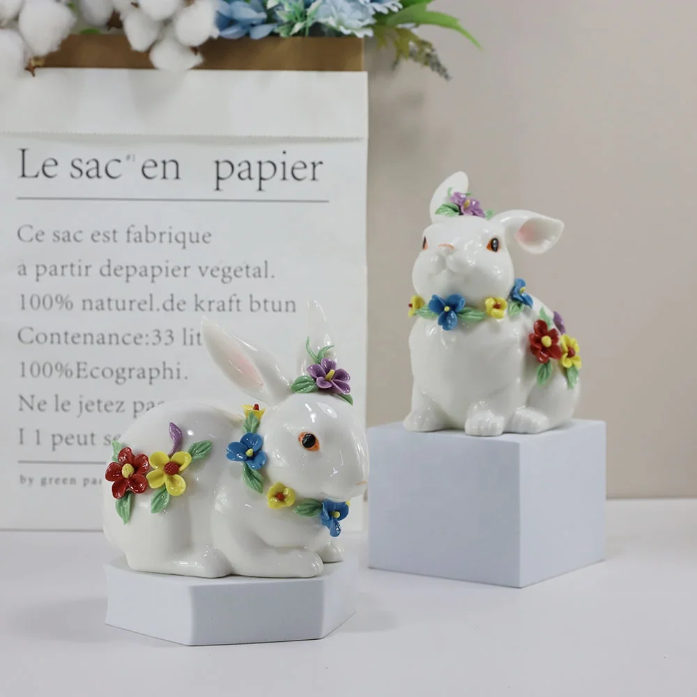 Factory Wholesale Ceramic Easter Rabbit Ornaments Easter Bunny Rabbit Figurines Statue for Home Decor