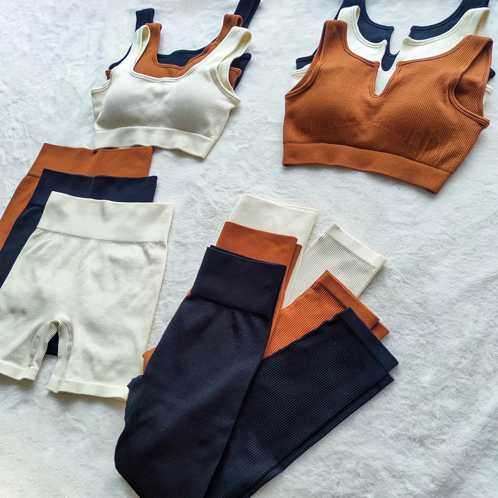 Workout Exercise Outfits Gym Clothes Women 2 Piece Ribbed Seamless Yoga Set Sports Bra Crop Tank High Waist Yoga Leggings Set