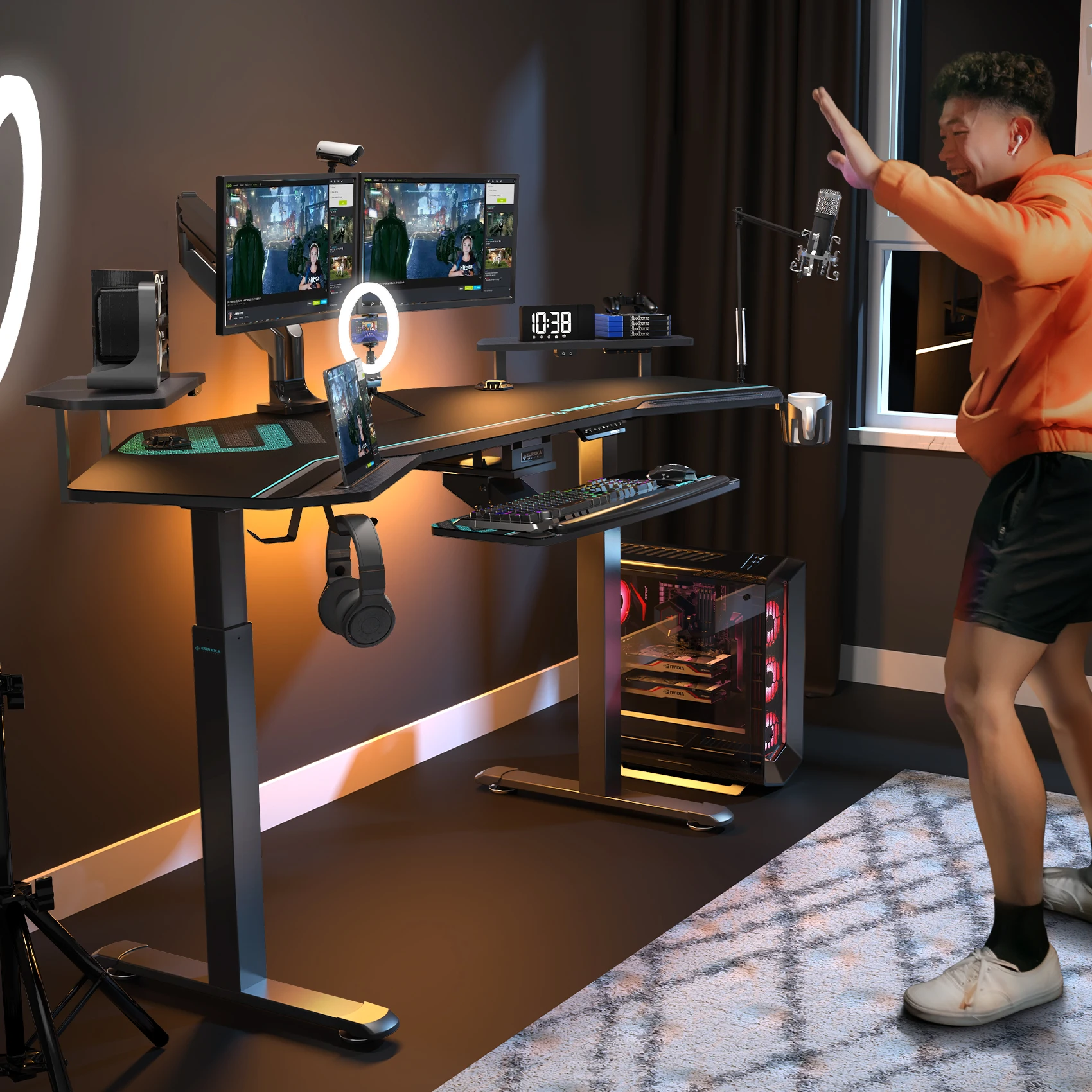 72' Electric Standing Desk Keyboard Tray, Large Wing Shaped Studio Music Gaming Streaming Desk,  with LED Convertible Shelves