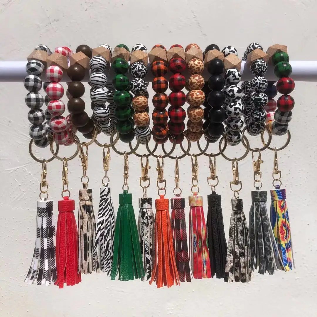 Cross-border new black and white red check bead bracelet leopard print flow wood key chain pendant to prevent loss