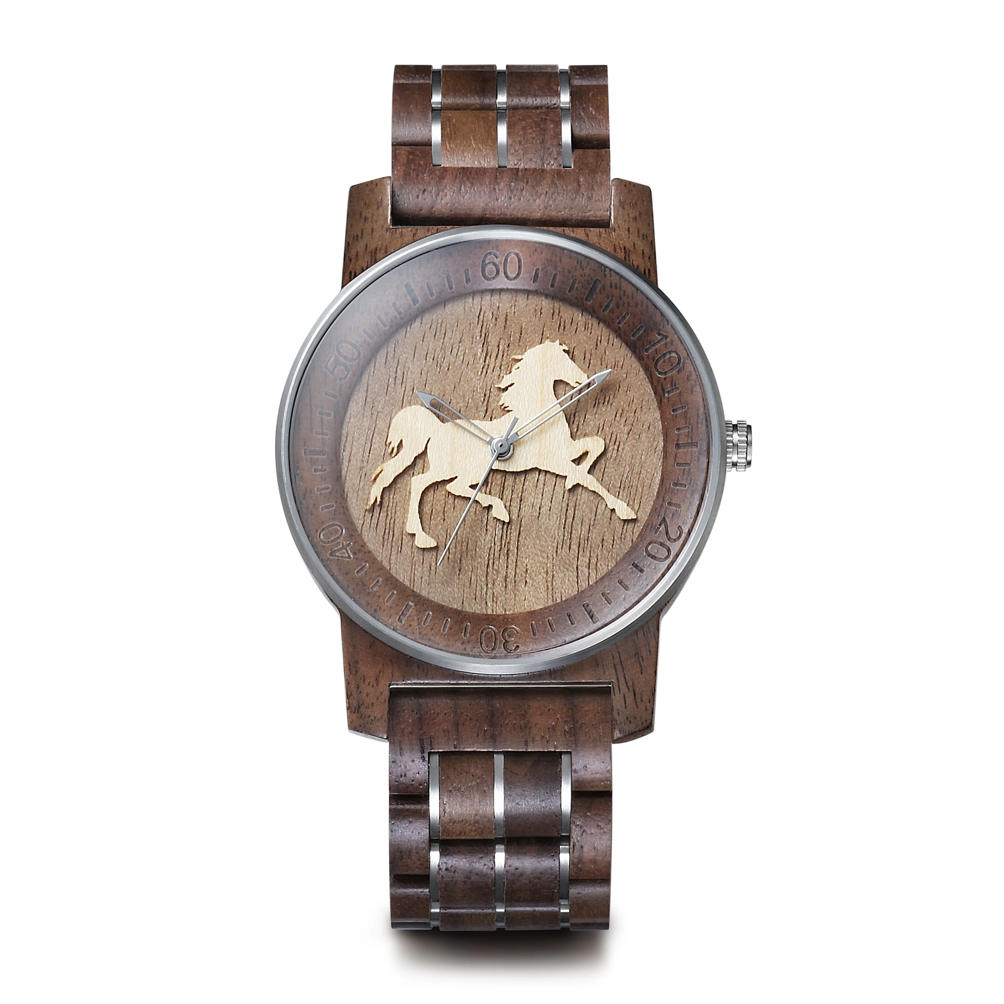 High Quality Wholesale Minimalist Engraved Eagle Quartz Walnut Wood And Steel Watches For Men Orologio Legno