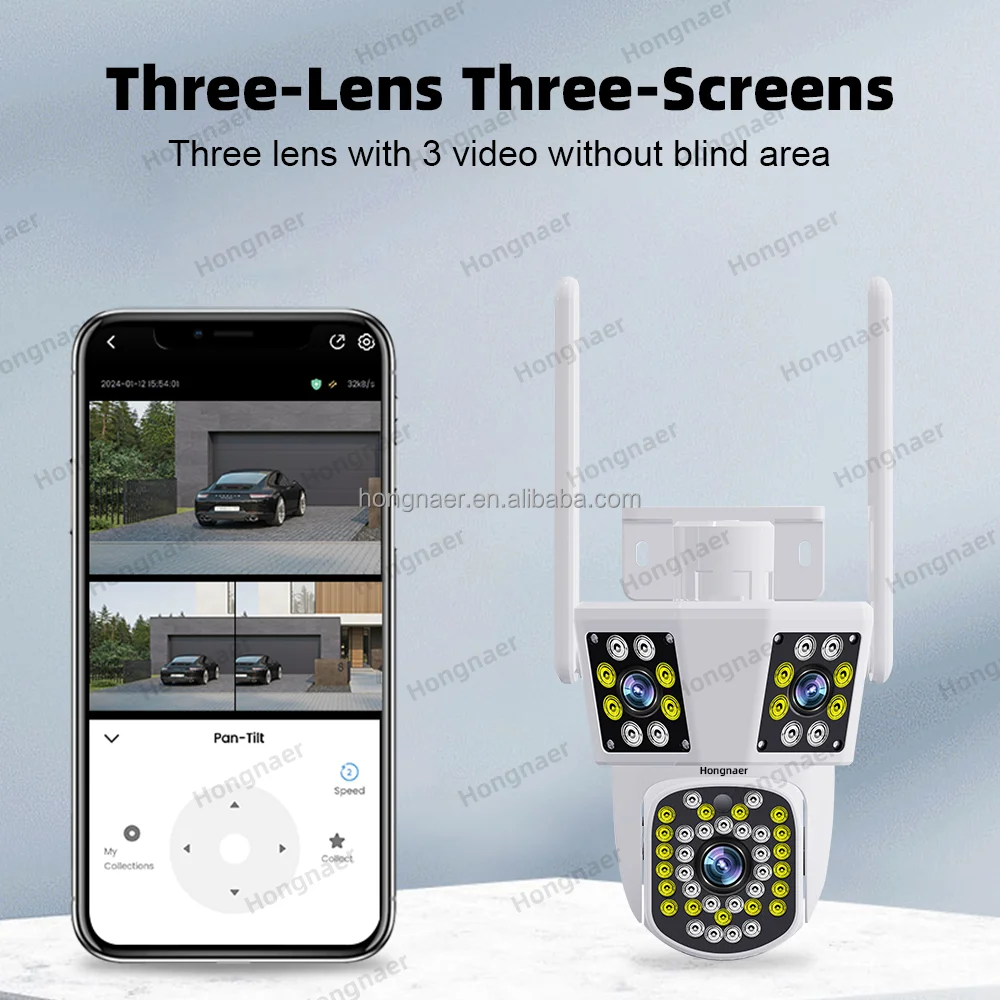 Hongnaer 12MP 3 Video Smart Outdoor Wireless PTZ Surveil IP Camera 6K IPC360 Home WiFi Three Lenses Network CCTV Security Camera