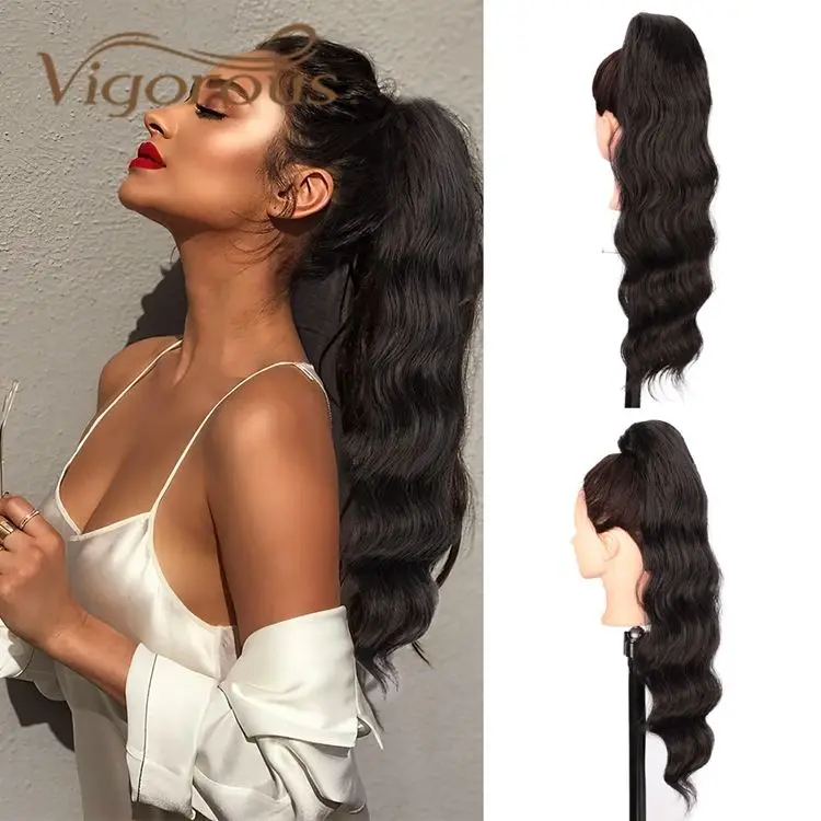 Long Body Wave Ponytail Extension Magic Paste Heat Resistant Wavy Synthetic Wrap Around Ponytails Natural Black Hairpiece