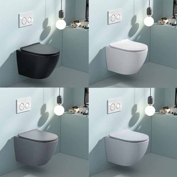 Wholesale Sanitary Ware Concealed Tank Ceramic Grey Blue Colored P-Trap Toilet Bowl Bathroom Colorful Rimless Wall Hung Toilet