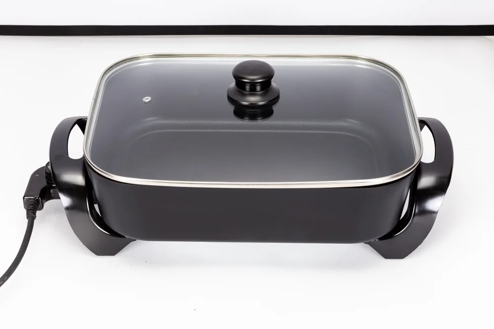 FH-1102 Electric Skillet Portable Non-Stick Smokeless Aluminum Die Casting Tempered Glass Stainless Steel Heating US Square OEM