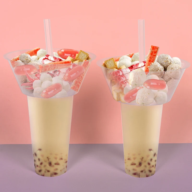 Popular Design Plastic Milk Tea Drinking Cups With Fruit Salad Snack Bowl Cup Holder