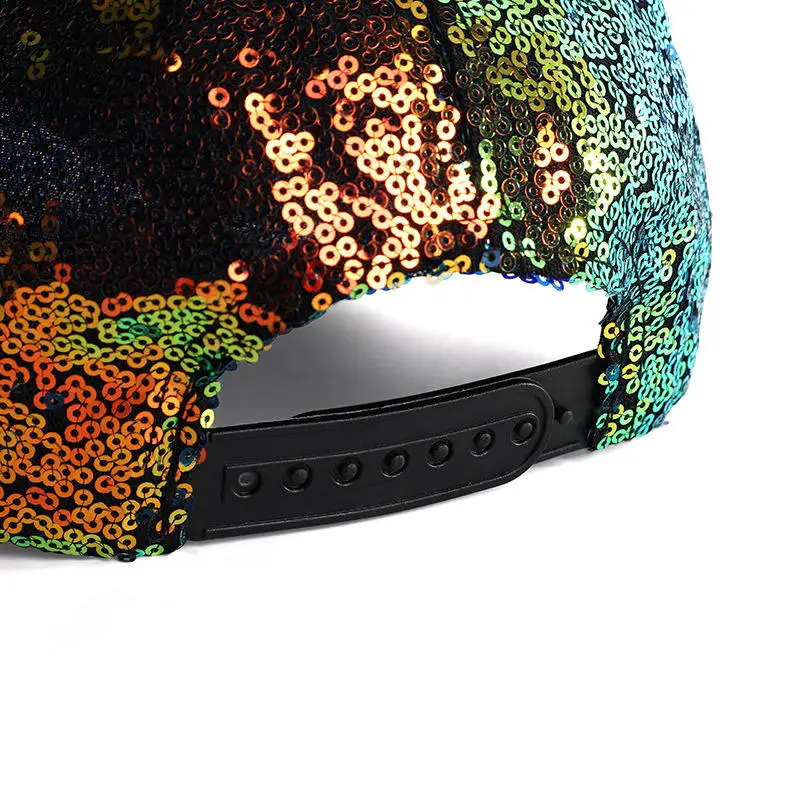 High Quality Trendy Polyester Plastic Buckle Ladies Women Men Unisex Colorful Shining Sequined Baseball Cap