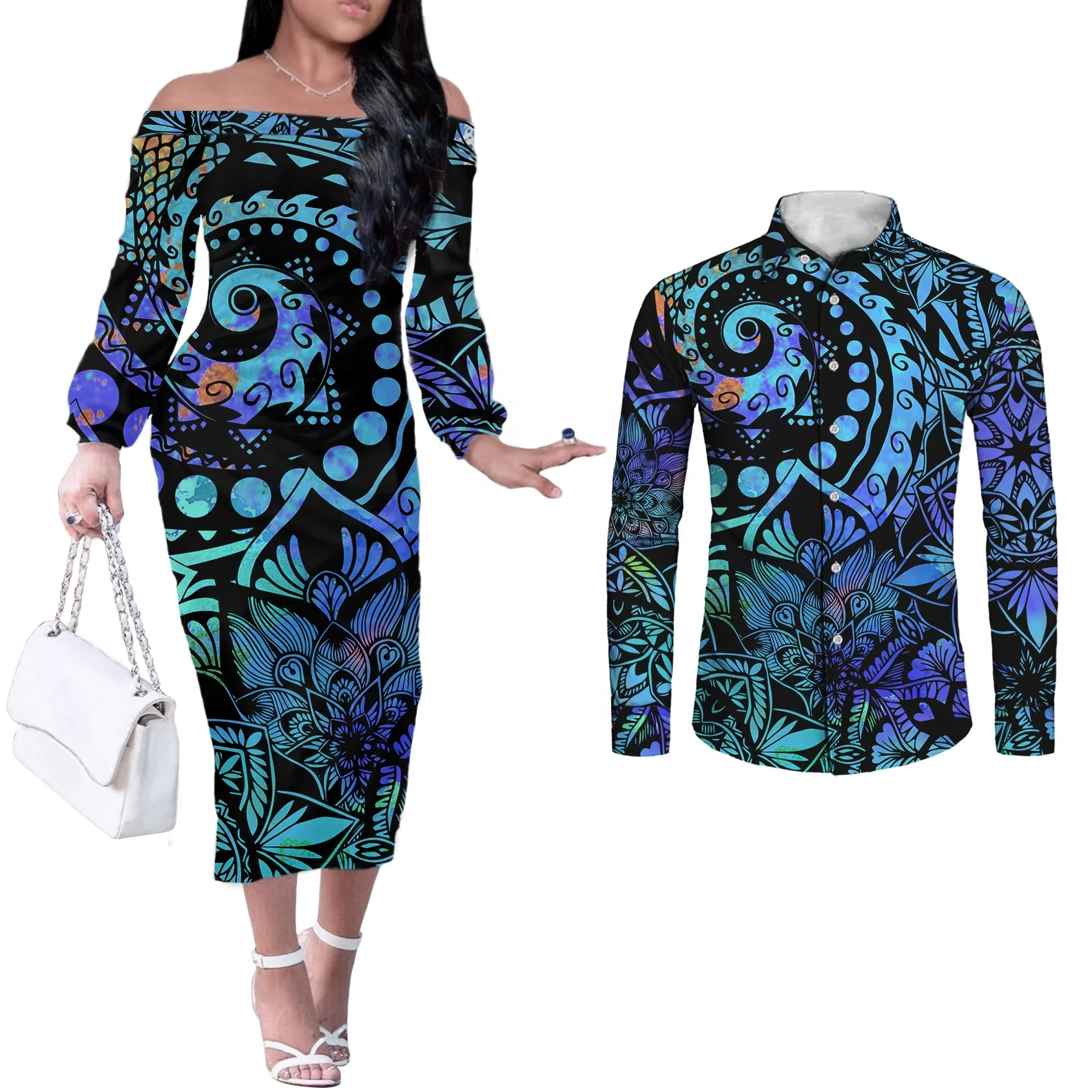 couple clothes Drop shipping Polynesian Tribal Pattern Design Classic Mens Hawaiian Plus Size Shirts Match Women Plus Size Dress