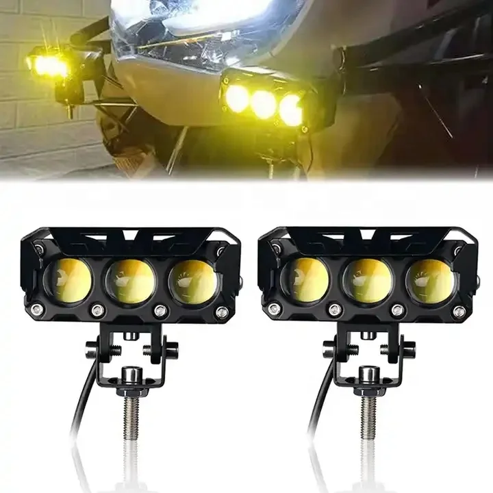 Motorcycle Spotlight 3 lens Hi/Low Beam LED Work Light 3 lens Mini Driving Headlamp Fog Lamps 12V 24V White/Yellow