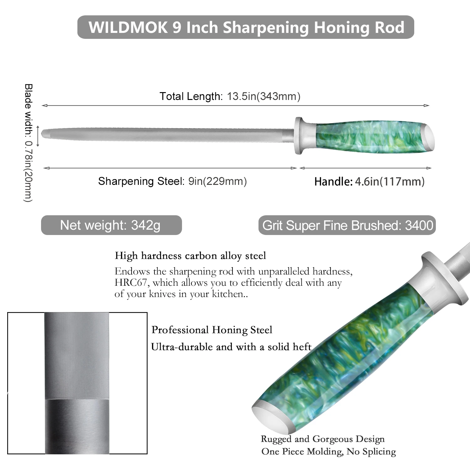 Professional 9 Inch High Carbon  Green Resin Handle  Steel Knife Sharpening Bar