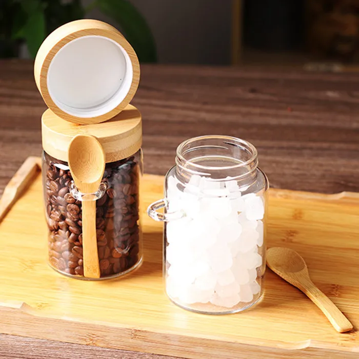 Airtight Glass Storage Container Jar with Bamboo Screw Lid and Spoon for Sugar Flour Honey and Coffee beans