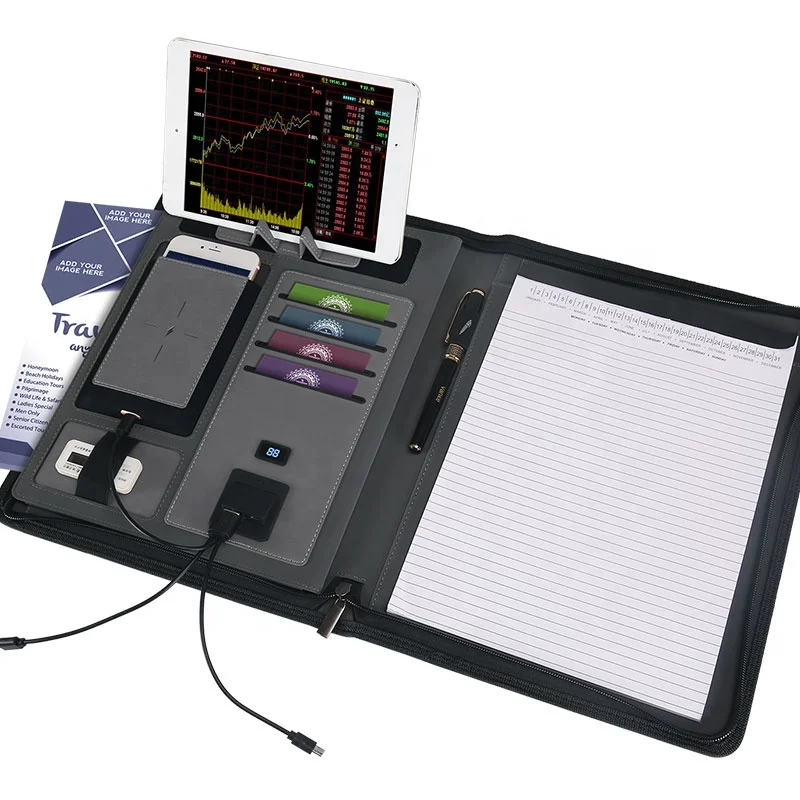 Combination contrast color PU leather notepad A4 business padfolio gift with power bank