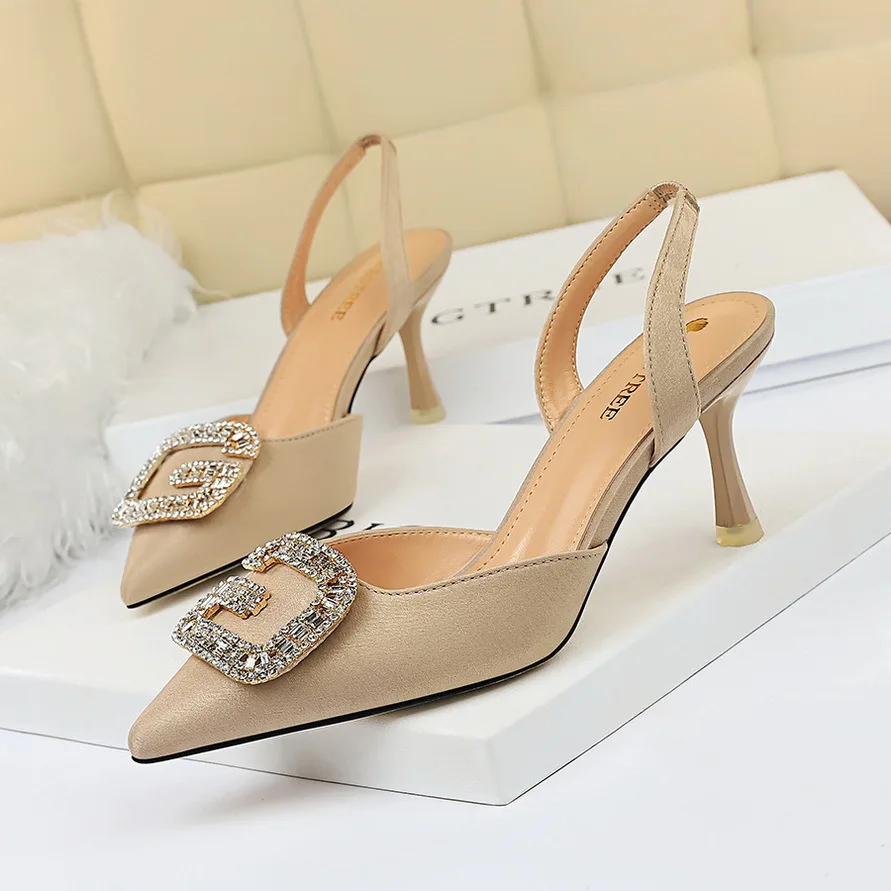 Ladies High-Heeled Shallow Pointed Toe Suede Hollow Back Strap Sandals Metal Rhinestone Bucklepumps Heels Shoes
