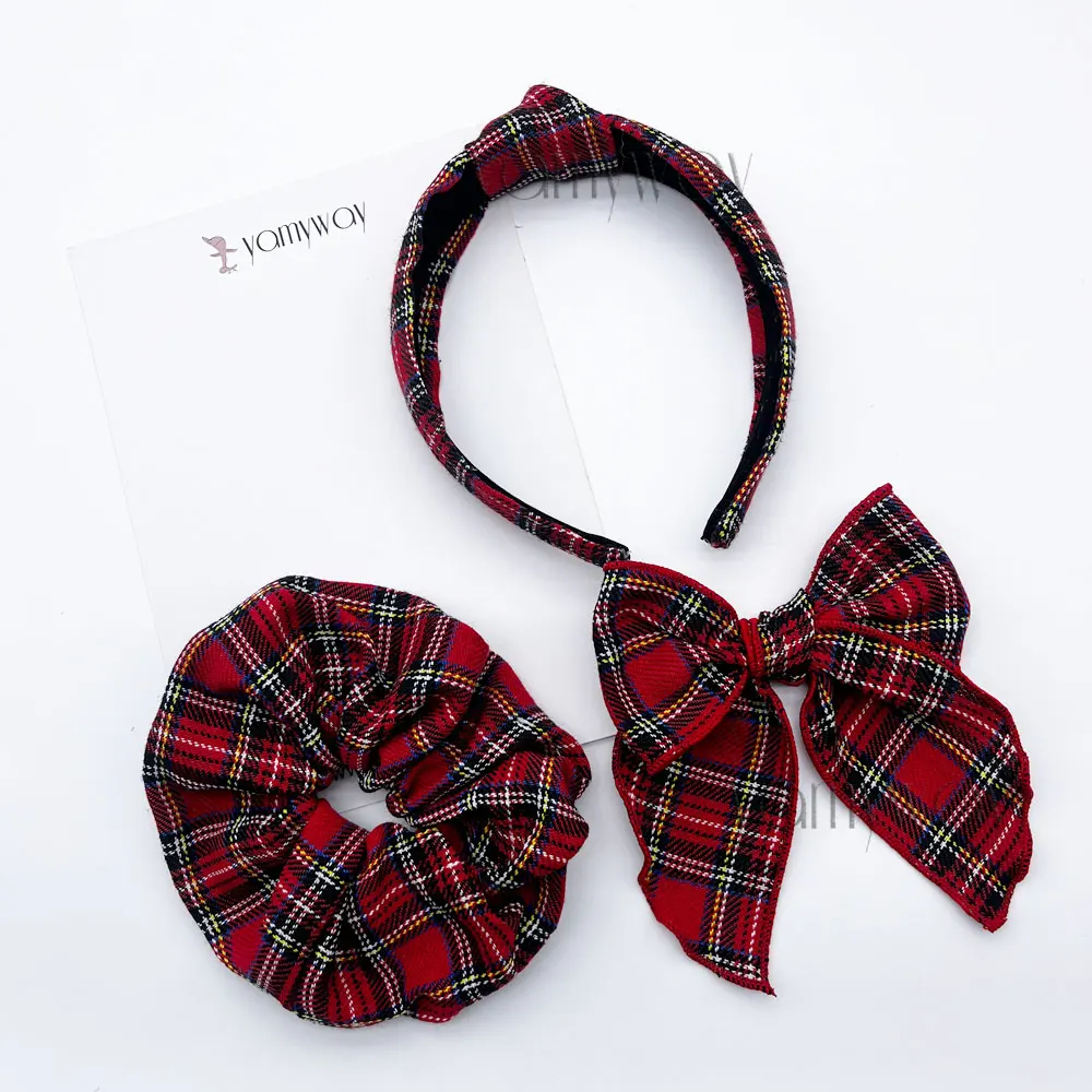 Christmas Tartan Hair Bow Fabric Hemmed Edge Bow Headband and Scrunchies for Girls Customized Size and Design