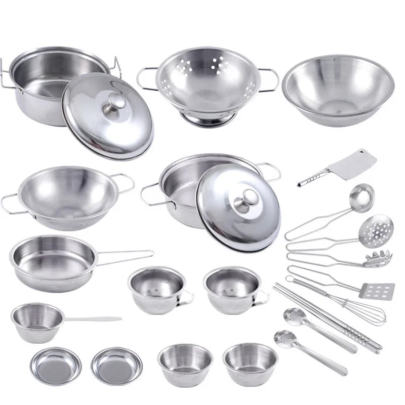 2023 Hot Selling Mini Incl Cooker Cookware Stainless Steel Kitchen Set Toys miniature kitchen toy set for real cooking kids toys