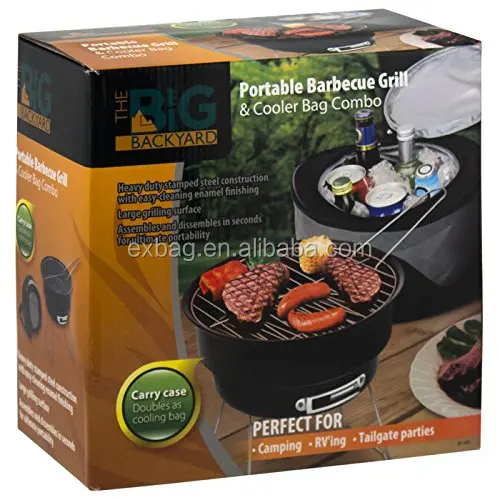 Black Portable Charcoal Barbeque Mini Grill with Cylinder Cooler Bag Perfect for Camping or Outdoor Cooking and Tailgating